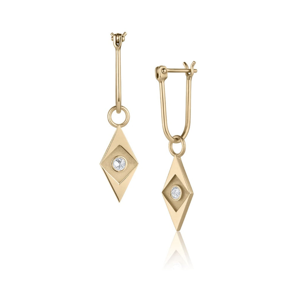 Gold earrings with diamond-shaped pendants on a white background
