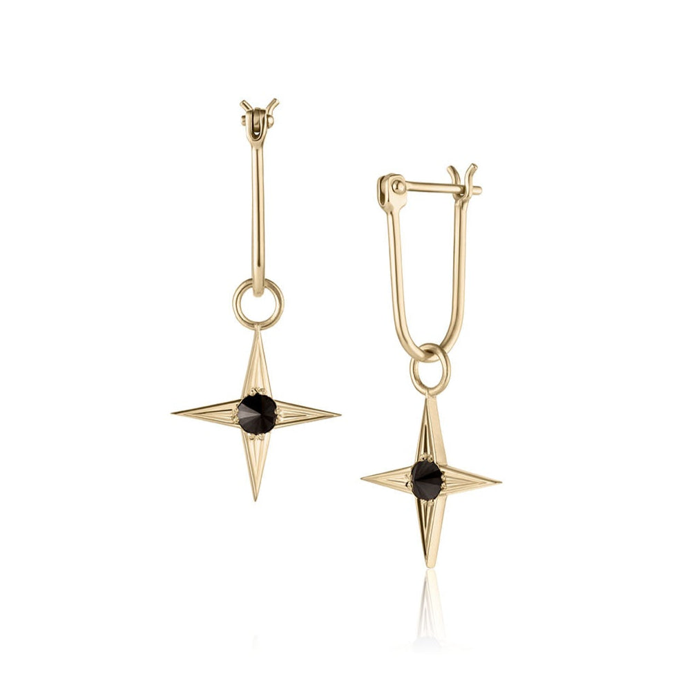 Gold earrings with star-shaped design and inverted black diamond on a white background