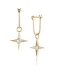 Gold star-shaped earrings with inverted white diamonds on a white background