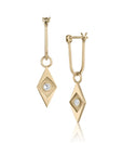 Gold earrings with diamond-shaped pendants on a white background